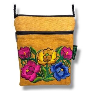 Gypsy Rose Hemp Purse Floral Embroidered Crossbody  Yellow Fuchsia Pink Blue